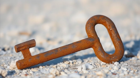A close-up image of an old, rusty metal key lying on a gravel surface with a shallow depth of field, highlighting timelessness and abandonment.の素材