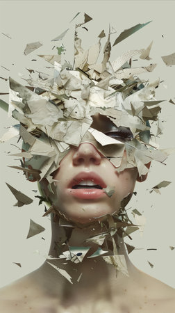 Conceptual digital art of a person's head disintegrating into fragments, symbolizing chaos and transformation.の素材