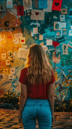 A thoughtful young woman with blonde hair stands, observing a colorful wall filled with graffiti and various placards during dusk.の素材