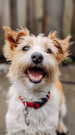 Close-up of a joyful terrier dog looking upwards with a smile, showing its playful and happy expression against a blurred background.の素材