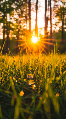 Golden sunset rays shining through a tranquil forest, highlighting dew on the blades of grass and dandelions in the foreground.の素材