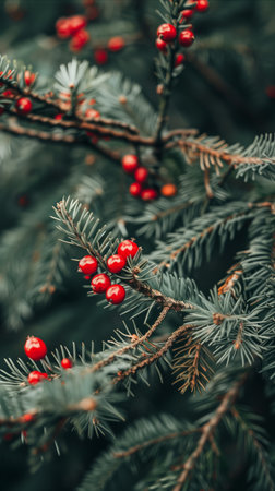 Close-up of pine tree branches with vibrant red holly berries, capturing the spirit of Christmas in a natural setting.の素材