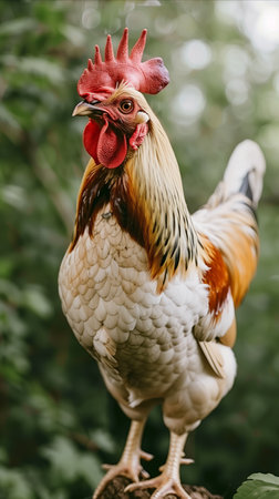 A vibrant rooster stands with confidence, showing its detailed plumage against a soft, bokeh background in a pastoral scene.の素材
