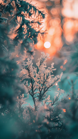 Close-up of vibrant spring foliage with warm sunset light creating a peaceful and serene atmosphere in nature.の素材