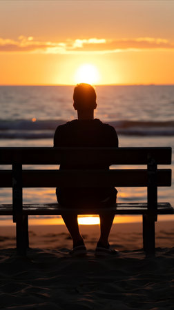 A calming scene as a person's silhouette is captured while sitting on a beach bench, contemplating life as the sun sets over the horizon.の素材