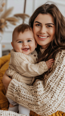 A cheerful young mother holding her smiling baby in a cozy, warm sweater. Both are enjoying a tender, joyful moment together.の素材