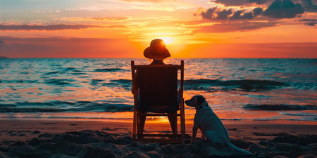 A serene beach scene with a person and their dog admiring the stunning sunset together, embodying tranquility and companionship.の素材