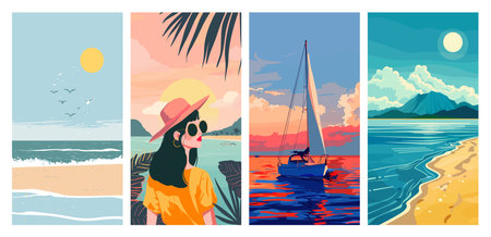 Colorful illustration set of tropical beach scenes with a stylish woman, sailing yacht, and serene landscapes under the sun.のイラスト素材