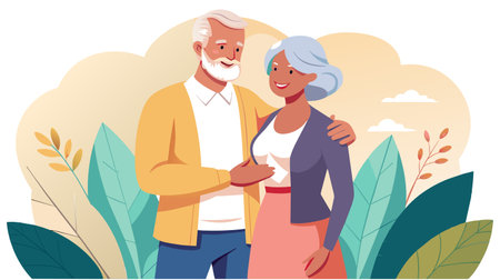 Illustration of an elderly couple with a loving smile, embracing each other surrounded by nature's serene elements.のイラスト素材