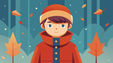 An illustrated portrait of a content young boy dressed in winter attire surrounded by falling leaves...