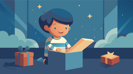 Illustration of a child filled with excitement while opening a present during a festive night, witn stars twinkling in the background.のイラスト素材
