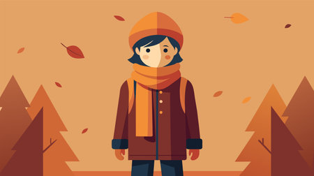 A stylized illustration of a young person with a hat and scarf standing among Autumn leaves and pine trees, portraying the cozy feel of the fall season.のイラスト素材