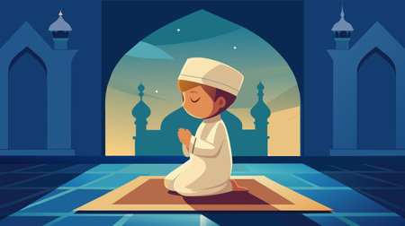 Vector illustration of a young boy praying on a rug in a mosque with starry night sky through the windows.のイラスト素材