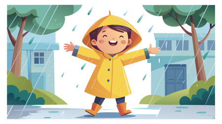 An illustration of a happy child wearing a yellow raincoat and boots, playing outdoors during a rainy day, with trees and houses in the background.のイラスト素材