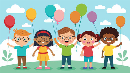 Cartoon illustration of a cheerful group of diverse children with colorful balloons enjoying a sunny day outside.のイラスト素材