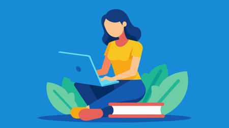 An illustration of a young female freelancer working on her laptop while sitting on a stack of books, with a plant nearby.のイラスト素材