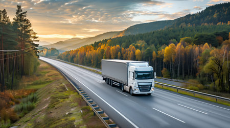 A large semi truck is seen driving down a busy highway that runs alongside a dense forest. The truck is surrounded by other vehicles as it makes its way through the scenic landscape.の素材