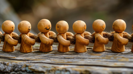 A row of carved wooden figurines is depicted engaging in a game of tug of war. Each figurine shows unique facial expressions while they firmly grasp a thick, fibrous rope that threads through their tiny hands. The background is a soft blur, highlighting the craftsmanship of the figures and the playful nature of the scene.の素材