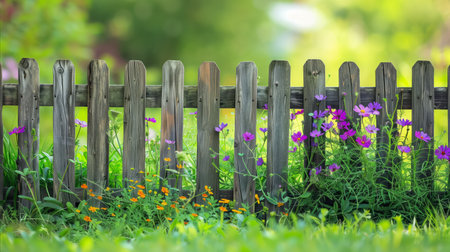 A sturdy wooden fence stands tall, encircling a lush field of vibrant flowers and thick grass. The scene exudes simplicity and natural beauty.の素材