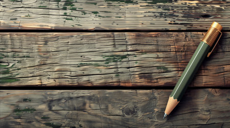 A pen is resting on a wooden table, casting a slight shadow on the surface.の素材