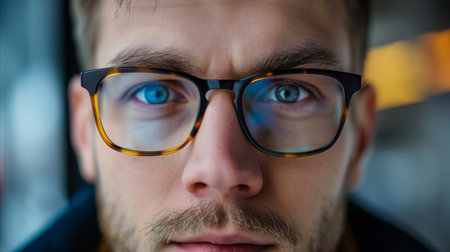 A detailed view of a man with spectacles, showing his facial features and eyewear in focus.の素材