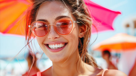 A cheerful young woman wearing trendy pink sunglasses is captured enjoying a bright sunny day on a bustling beach. Vibrant orange and pink umbrellas add a pop of color to the lively scene while the sea breeze lightly touches her hair, highlighting a moment of pure joy and relaxation by the shore.の素材