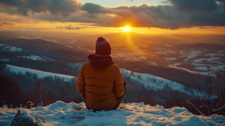 A person sitting atop a hill covered in snow, in a snowy landscape during winter, under a clear sky.の素材