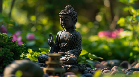 A buddha statue is seated atop a stack of rocks, blending with its surroundings. The statue emanates tranquility and wisdom in its serene pose.の素材