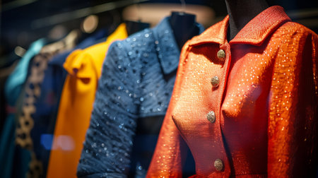 A row of vibrant, sequined jackets is shown, each one with a unique color and pattern. They are arranged on display against a dark background with soft lighting that accentuates the sparkle of the sequins. The focus is on the bright orange jacket at the forefront, with the others gently blurring into the background.の素材