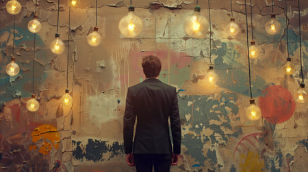 A man standing upright in front of a wall adorned with a multitude of luminous lights, creating a captivating visual display.の素材