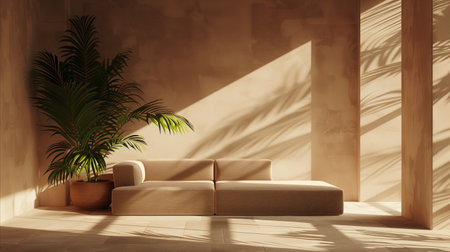 A living room featuring a couch and a potted plant placed on a side table. The room is neatly arranged, with the furniture complementing each other.の素材