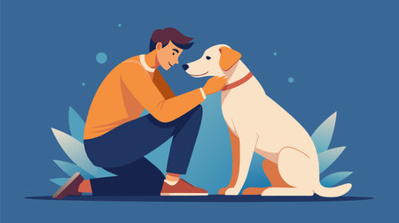 A man is kneeling down to pet a dog. The dog is white and has a collar. The man is wearing a yellow shirtのイラスト素材