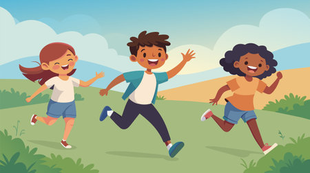 Three children are running in a field. One of them is wearing a white shirt. The other two are wearing orange shirtsのイラスト素材