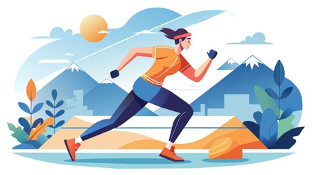 A woman running in a field with mountains in the background. The woman is wearing a red shirt and blue pantsのイラスト素材