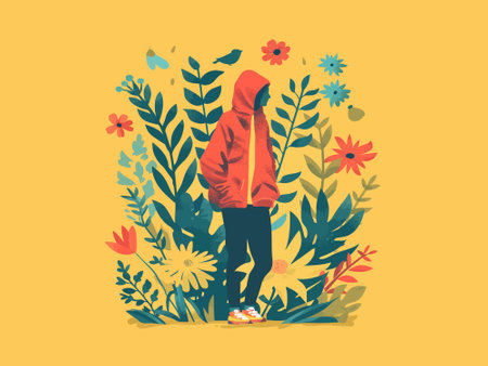 A solitary man in a red hoodie stands encircled by a variety of colorful flowers and plants, depicting solitude amidst nature.のイラスト素材