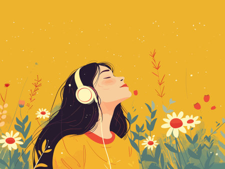 Illustration of a peaceful young woman with headphones, eyes closed, enjoying music surrounded by a...