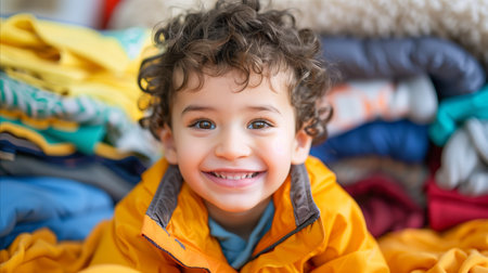 A happy child with curly hair selects clothes from a vibrant pile, exuding joy and innocence in a casual setting.の素材