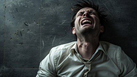 High-angle shot of a man expressing extreme desperation or emotional pain, with an intense scream against a dark, gritty background.の素材