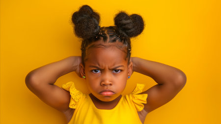 A young girl stands out in a vibrant yellow top with a playful double bun hairstyle against a yellow backdrop, expressing style and joy.の素材