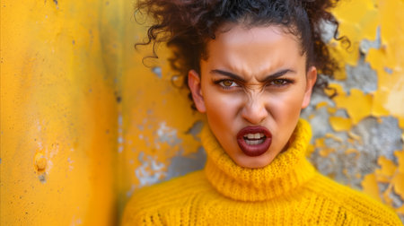 Energetic and expressive young female in a yellow sweater posing with a vibrant yellow backdrop, showing lively emotions.の素材