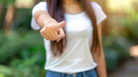 A close-up image of a young woman in casual wear pointing her finger directly at the camera, with a blurred natural background.の素材