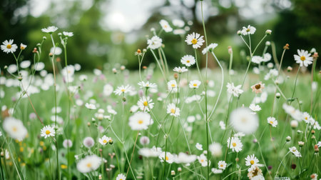 A serene field of wild white daisies flourishing under the sunlight, symbolizing purity and the beauty of nature.の素材