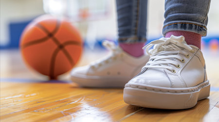 A detailed shot capturing the essence of basketball, focusing on a player's white sneakers standing by a basketball on the hardwood court, depicting readiness and anticipation.の素材