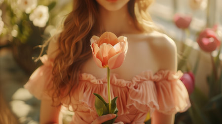 A serene woman in a stylish pink dress stands amidst a garden, gently holding a blooming tulip, exuding elegance and tranquility.の素材