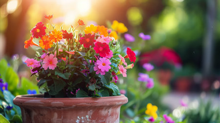 A vibrant photo capturing colorful flowers in a terracotta pot, illuminated by the warm, golden light of the sunsetの素材