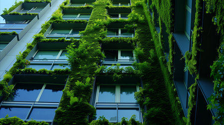 A modern building facade covered with a lush green living wall, symbolizing urban ecology and sustainable architecture.の素材