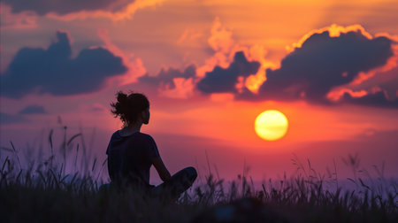 A peaceful scene of a woman meditating in the grass against a beautiful sunset, embodying tranquility and self-care.の素材