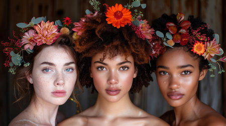 An image depicting three young, diverse women adorned with vibrant floral headpieces, exuding beauty, elegance, and unity against a soft blurred background.の素材