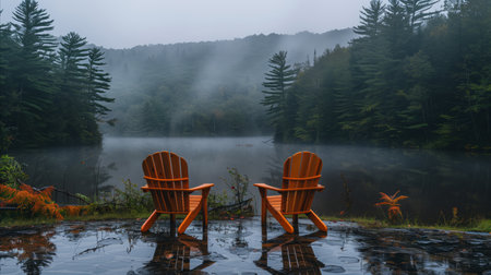 Two empty wooden chairs facing a tranquil lake, surrounded by a mist-covered forest, evoking peace and solitude.の素材