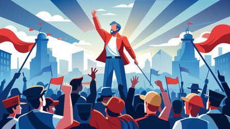 Illustration of charismatic leader speaking to enthusiastic crowd during a protest or rally with urban skyline in background.のイラスト素材